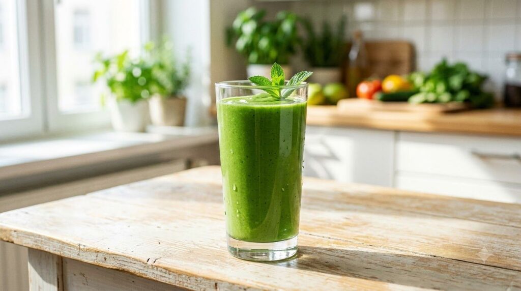 A finished vibrant green smoothie poured into a tall glass garnished with a mint sprig ready to drink