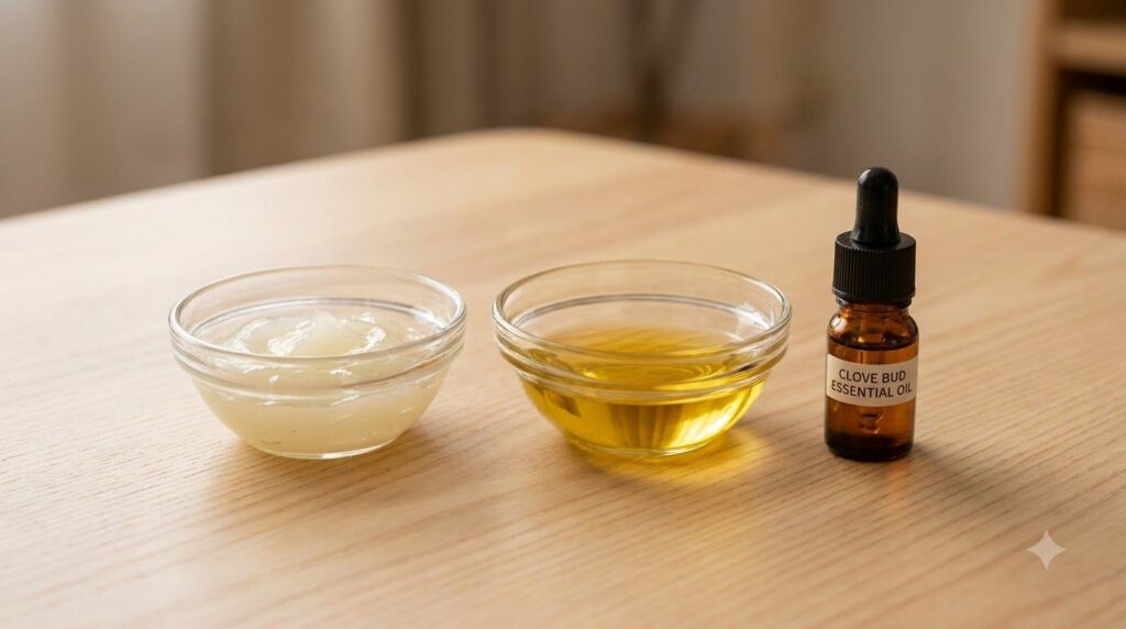 Three small bowls containing petroleum jelly sweet almond oil and a tiny dropper bottle of clove bud essential oil arran