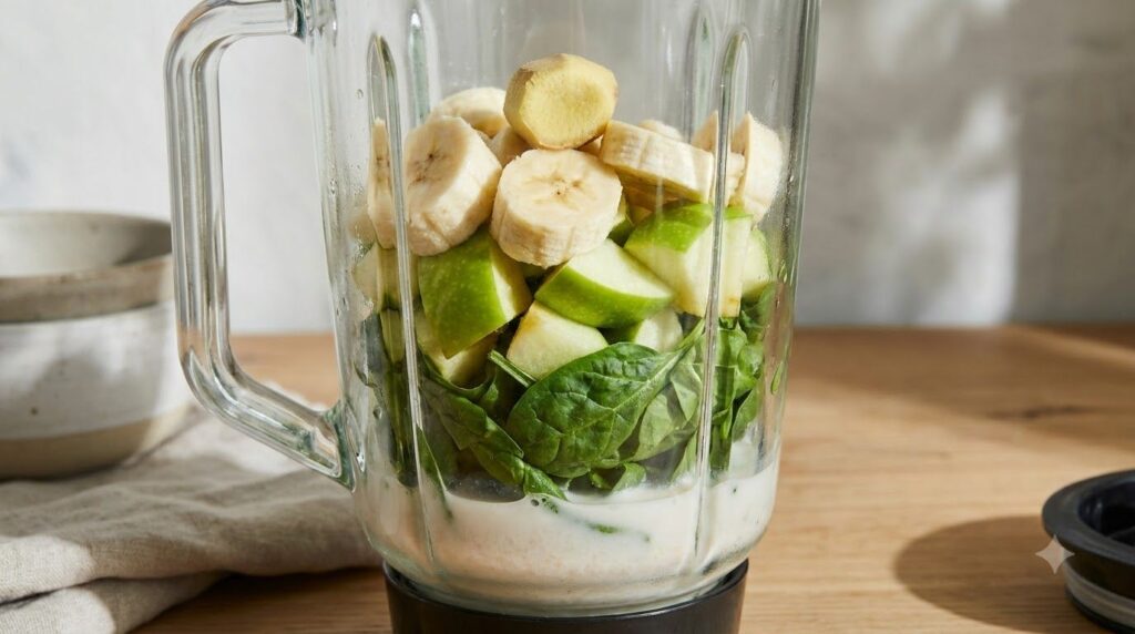 All ingredients for the green smoothie including liquid soft fruits and greens loaded into a blender jar