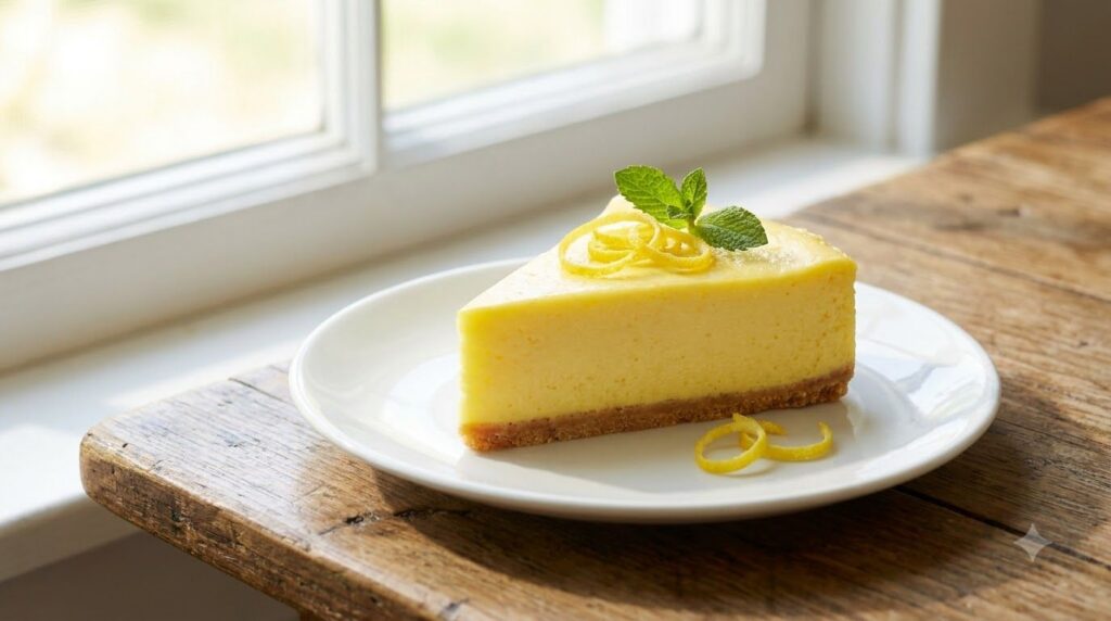 A bright zesty lemon cheesecake slice on a white plate garnished with lemon zest and a small sprig of mint The cheesecak