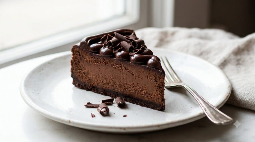 A rich dark chocolate cheesecake slice on a white plate drizzled with chocolate ganache and garnished with chocolate sha