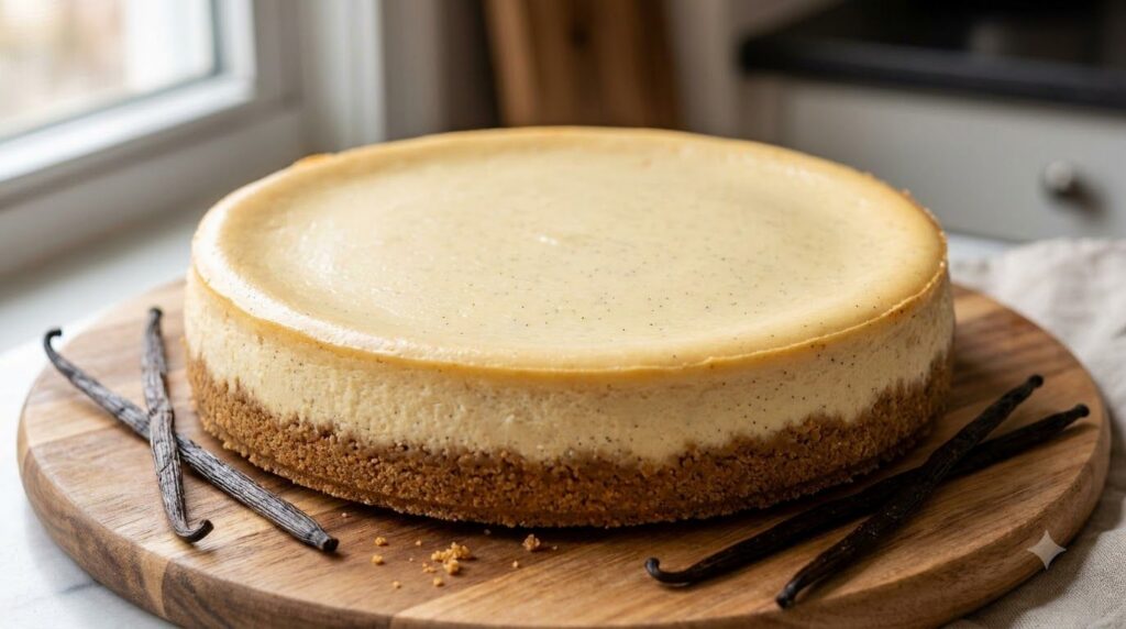 A whole vanilla bean cheesecake on a golden graham cracker crust with a smooth light cream-colored top It is placed on a