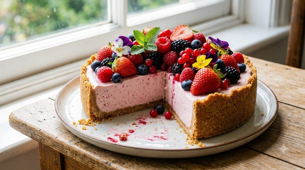 A beautiful no-bake berry cheesecake topped with a vibrant assortment of fresh mixed berries strawberries blueberries ra