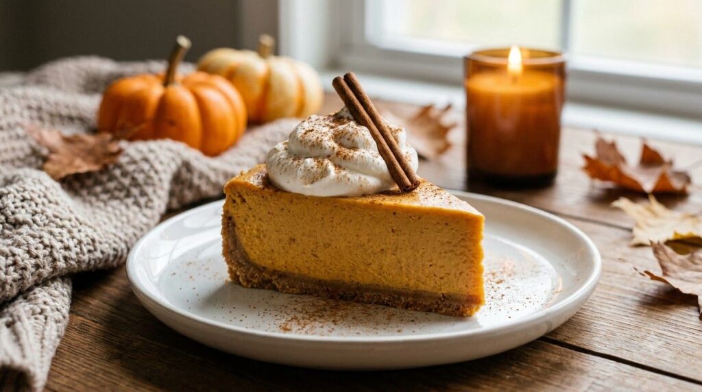 A slice of creamy pumpkin cheesecake rich orange color on a white plate topped with a dollop of whipped cream and a spri