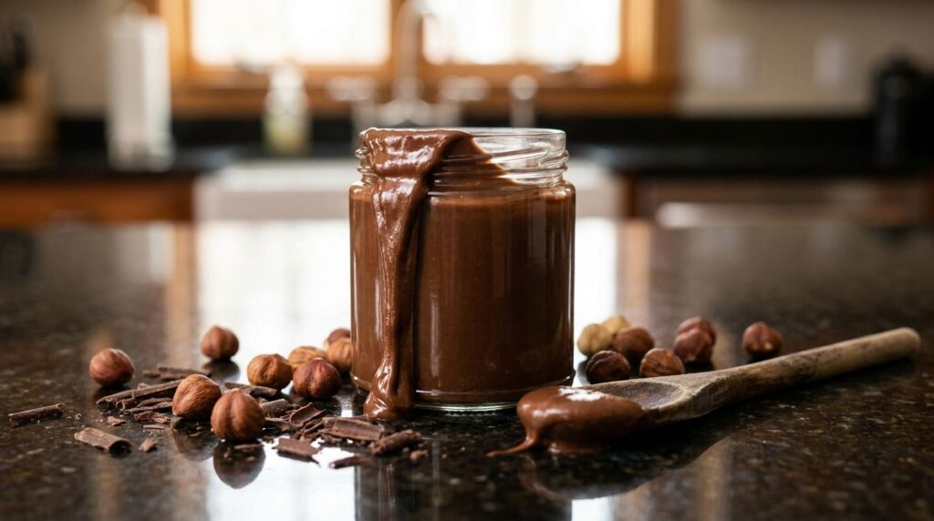 A jar of rich dark chocolate hazelnut spread with roasted hazelnuts and chocolate shavings around it on a dark counterto