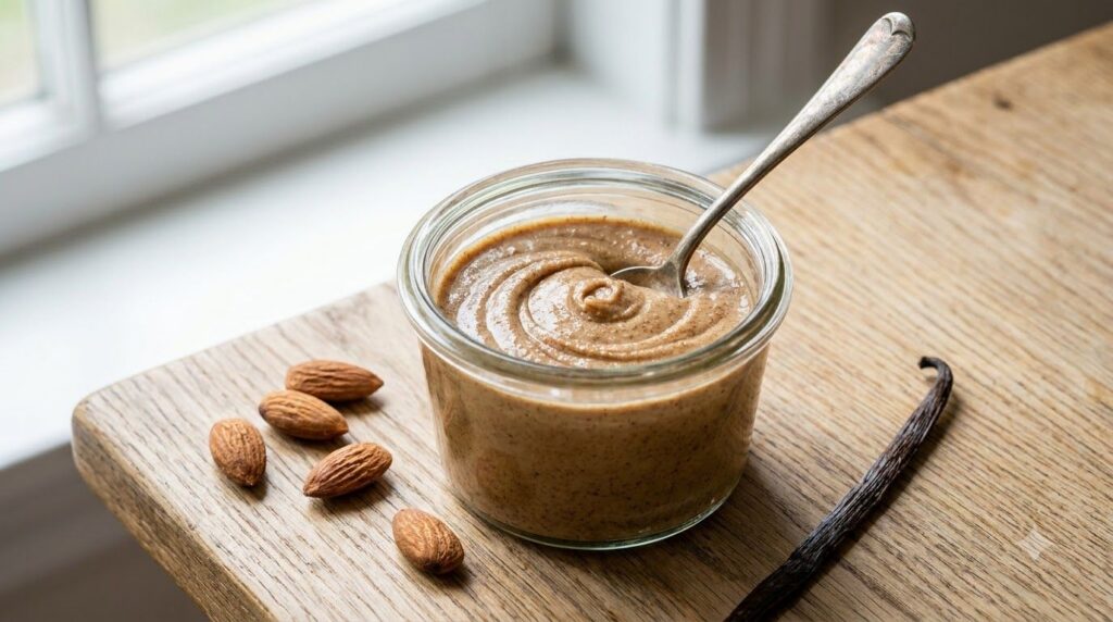 A jar of smooth light brown almond butter with a spoon next to a bowl of roasted almonds and a vanilla bean on a minimal
