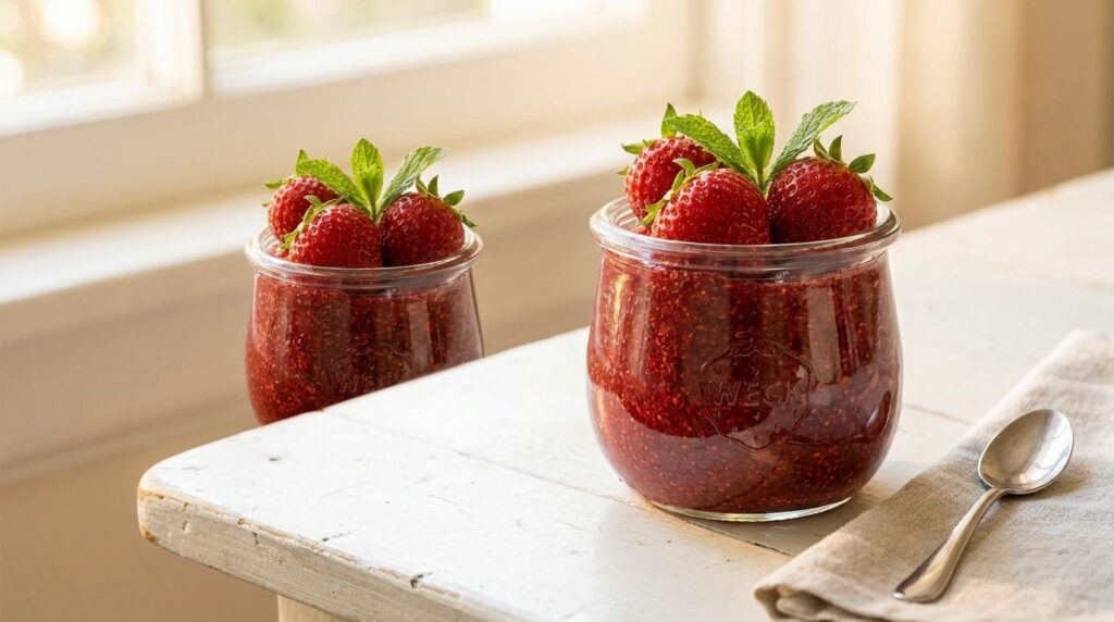 A small jar of bright red strawberry chia seed jam with fresh strawberries and mint leaves on a white background