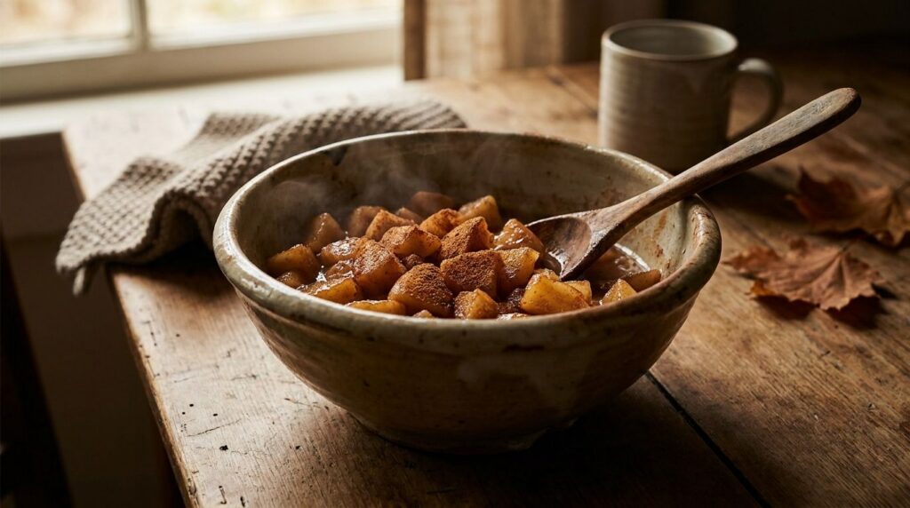 A bowl of warm apple cinnamon compote with a sprinkle of cinnamon served with a spoon on a cozy wooden table