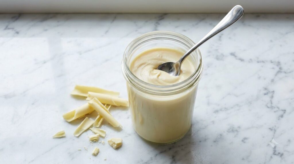 A jar of creamy white chocolate spread with a spoon adorned with white chocolate curls on a bright minimalist surface