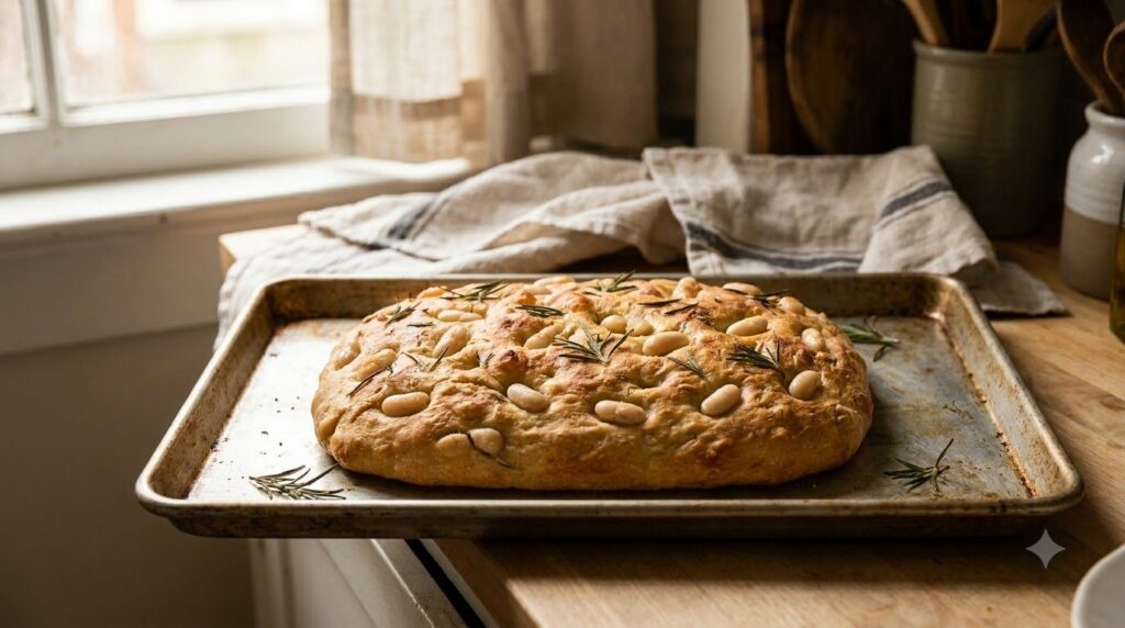 A rustic golden-brown quick focaccia bread topped with whole white beans and fresh rosemary sprigs on a baking sheet