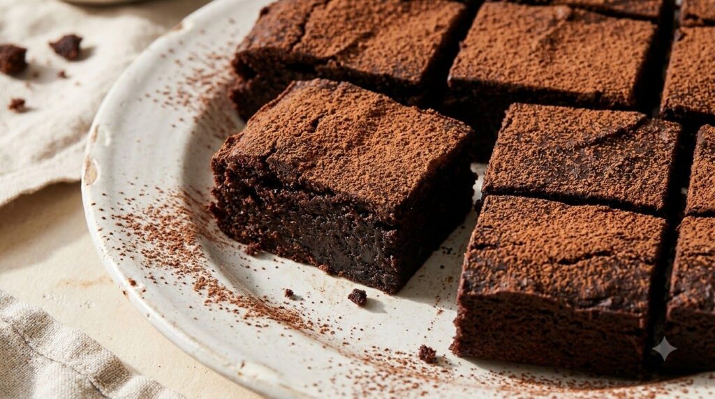 Rich fudgy black bean brownies cut into squares on a plate with a slight sheen on top dusted lightly with cocoa powder