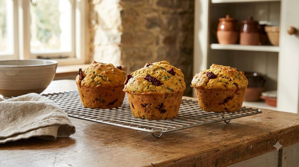 Golden-brown savory muffins made with chickpea flour studded with herbs and possibly sun-dried tomatoes arranged on a co