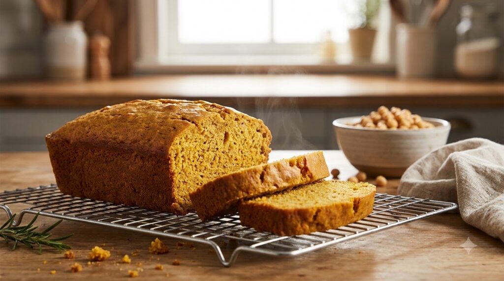 A moist golden sweet potato and chickpea quick bread loaf with a hint of spice sliced on a wire rack