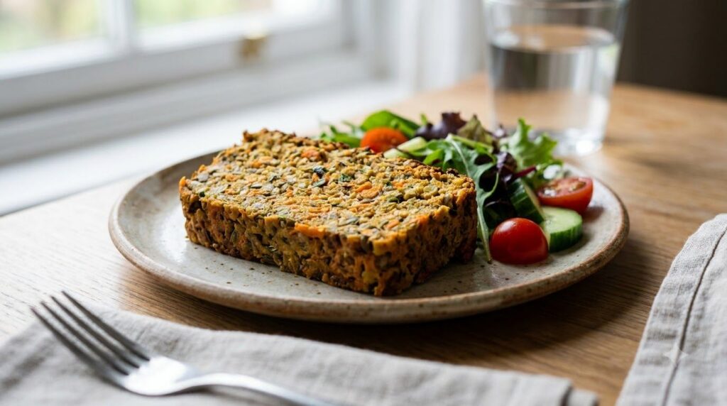 A slice of a savory lentil and carrot loaf resembling a meatloaf but plant-based on a plate with a simple green salad in