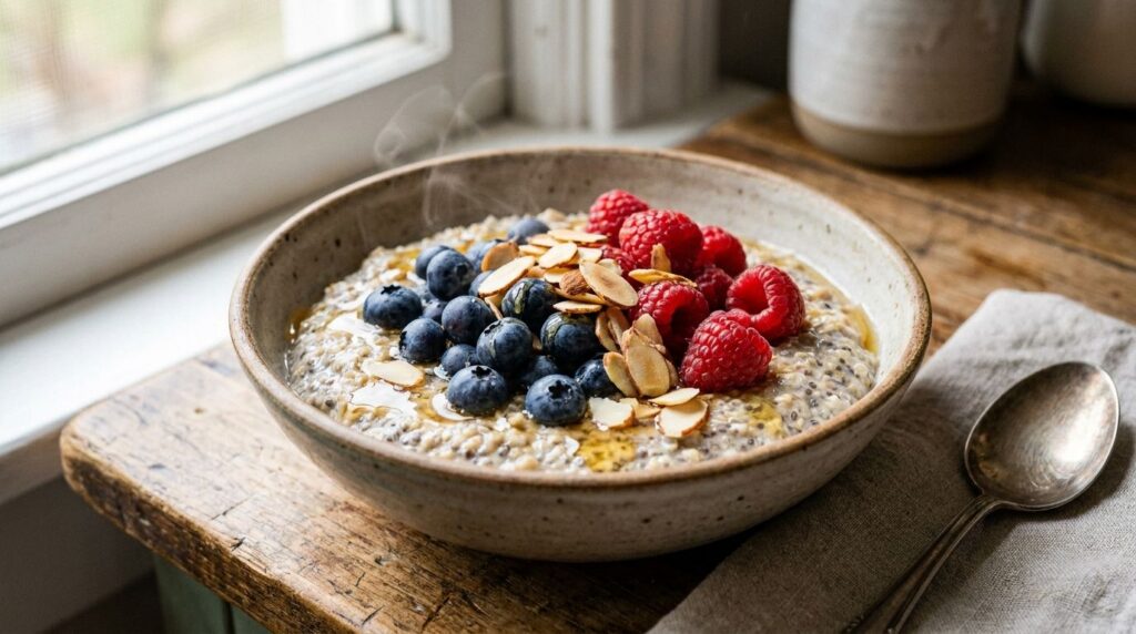 A vibrant oatmeal power bowl topped with fresh berries nuts and a drizzle of honey set on a rustic wooden table
