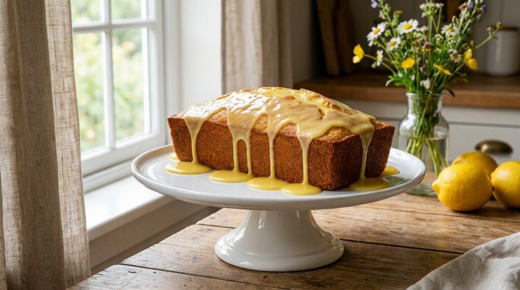 A bright and zesty cannellini bean and lemon loaf cake glazed with lemon icing served on a white cake stand