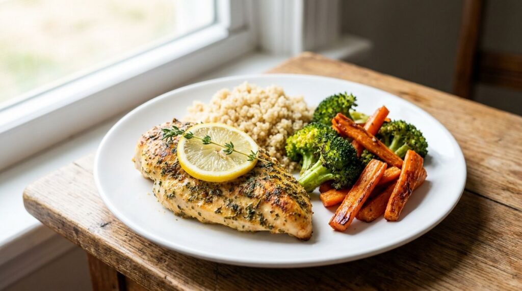 A plate with lemon herb chicken breast roasted vegetables like broccoli and carrots and a side of quinoa