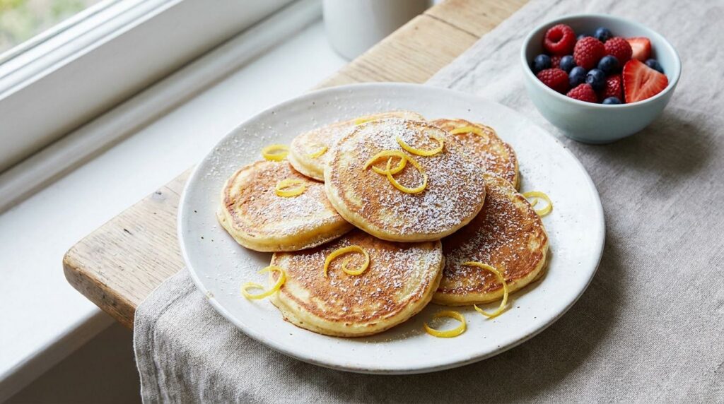 Light and airy lemon ricotta pancakes stacked with a generous dusting of powdered sugar and fresh lemon zest alongside a