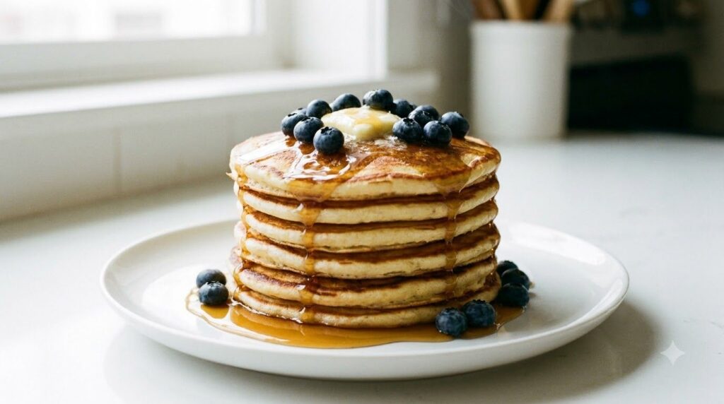 A tall stack of golden-brown fluffy buttermilk pancakes drizzled with maple syrup and topped with fresh blueberries and 