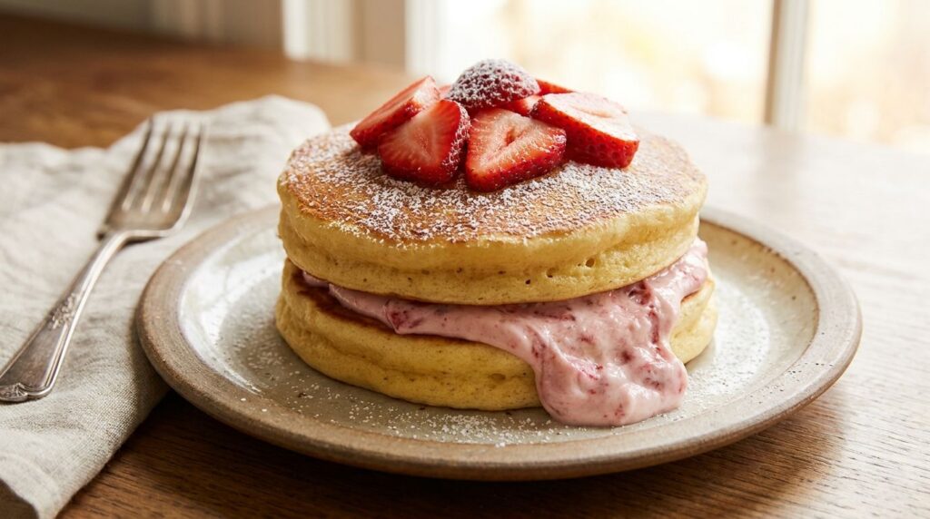 Fluffy pancakes with a creamy strawberry cream cheese filling oozing out topped with fresh sliced strawberries and a dus