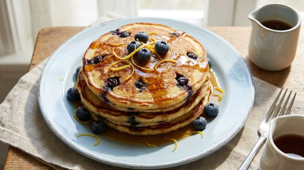 A stack of golden-brown blueberry pancakes bursting with fresh blueberries drizzled with maple syrup and sprinkled with 