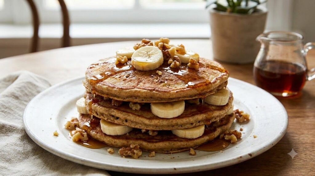 A stack of golden-brown banana nut pancakes topped with sliced bananas chopped walnuts and a generous drizzle of maple s