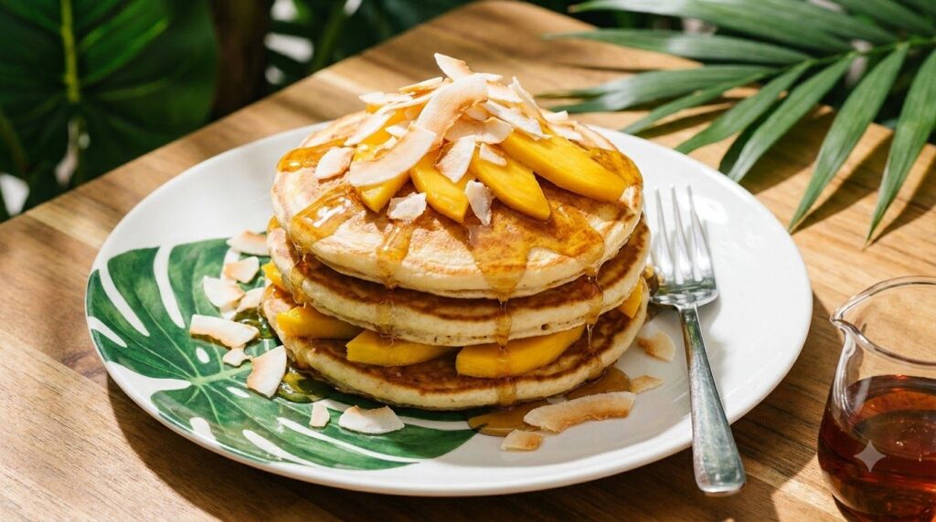 Tropical coconut mango pancakes stacked with fresh mango slices toasted coconut flakes and a light syrup on a white plat