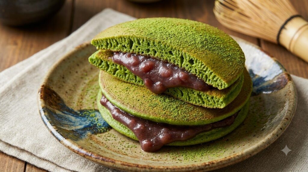 Green matcha-flavored Dorayaki pancakes filled with a smooth sweet red bean paste presented beautifully on a traditional