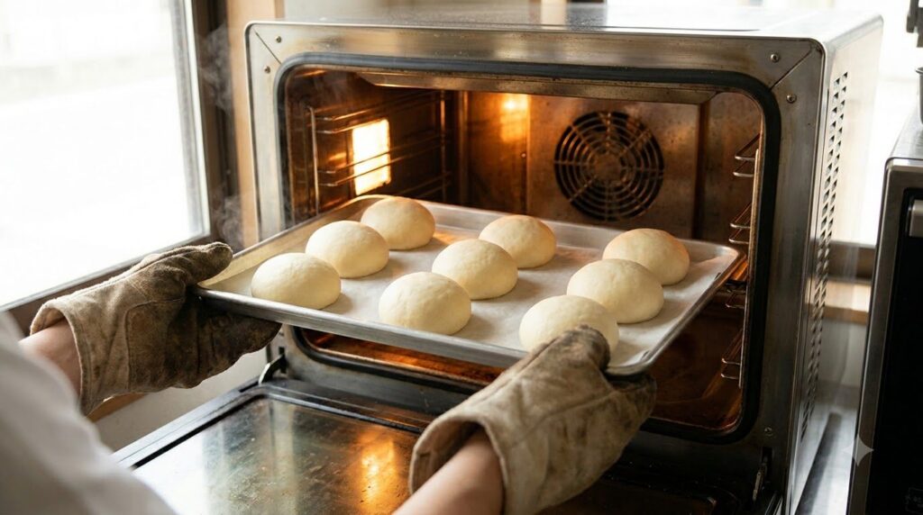 Hands carefully placing a baking tray with uncooked dough rolls into a preheated oven