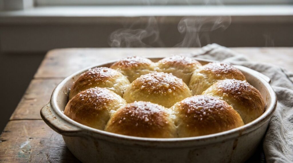 Freshly baked golden brown dough rolls brushed with melted butter cooling in a baking pan