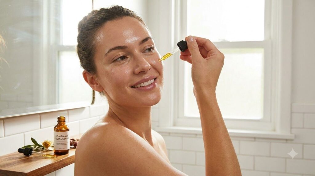 A woman gently applying drops of homemade oil serum to her face with a dropper her skin looking fresh and hydrated