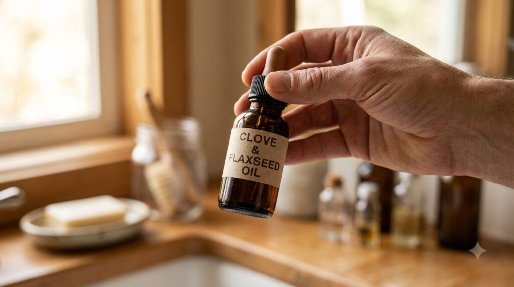 Close up of a hand holding a small bottle of clove and flaxseed oil with a blurred background of a bathroom counter with