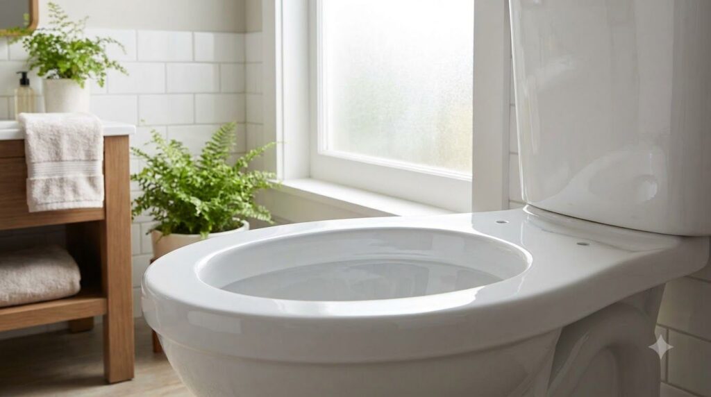 A sparkling clean toilet bowl with a reflection after using the ice cube cleaning method