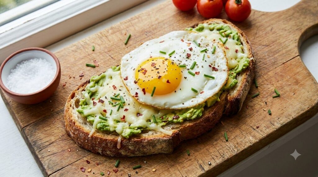 A perfectly made Golden Avocado Egg Toast on a cutting board featuring creamy mashed avocado a sunny-side-up egg and mel