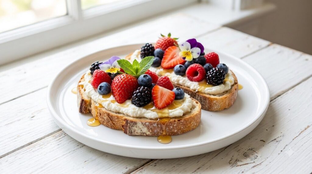 A slice of berry ricotta toast drizzled with honey topped with fresh mixed berries and a sprig of mint on a light backgr