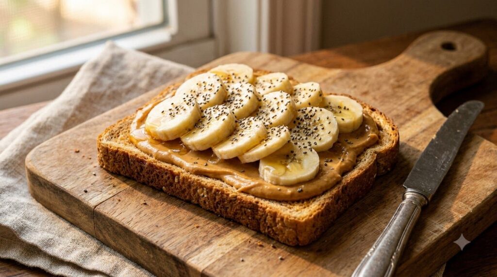 Peanut butter banana chia toast on whole-grain bread topped with sliced bananas a sprinkle of chia seeds and a drizzle o