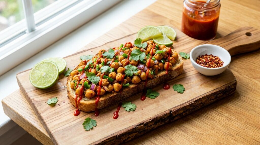 Spicy smashed chickpea toast topped with fresh cilantro and a drizzle of sriracha served on a rustic wooden board