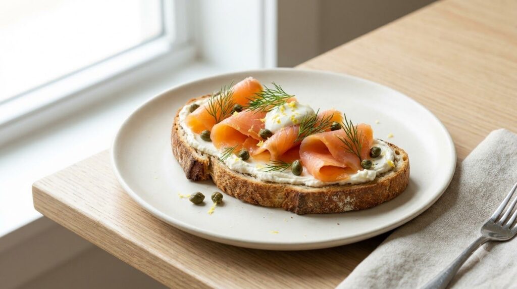 Smoked salmon and cream cheese toast garnished with fresh dill and capers on a light-colored plate