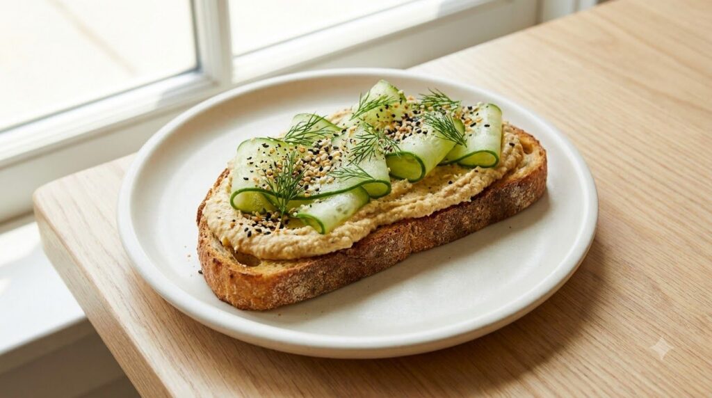 Hummus and cucumber toast topped with everything bagel seasoning and fresh dill served on a light plate