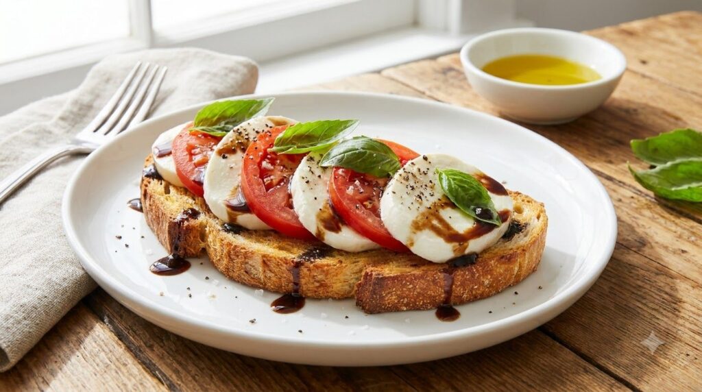 Caprese toast with fresh mozzarella ripe tomatoes basil leaves and a balsamic glaze drizzle on toasted bread