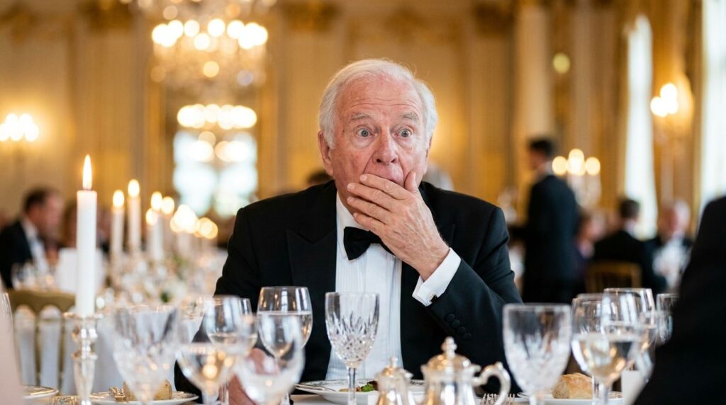 A close-up of the shocked expression on the older man s face at a formal dinner table with blurred background elements o