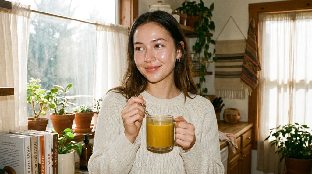 A woman holding a glass of golden turmeric and collagen drink smiling softly with radiant skin in a cozy home setting