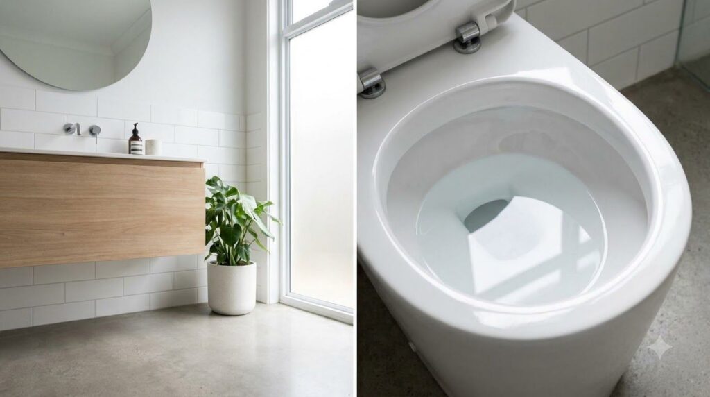 A pristine sparkling clean toilet bowl with water swirling reflecting light showing the after effect of the cleaning hac