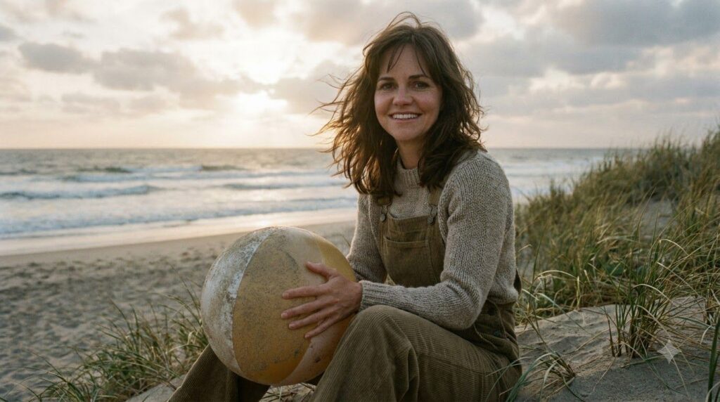 A playful image of young Sally Field on a beach perhaps holding a prop or in a relaxed pose