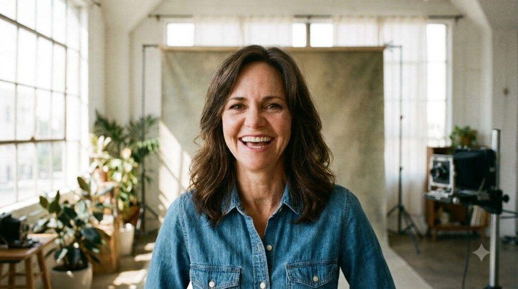 A youthful Sally Field smiling directly into the camera with energetic optimism typical of her early career photos