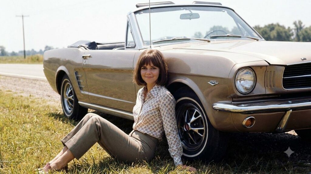 A young Sally Field sitting beside a classic convertible car looking fresh-faced in a 1960s style