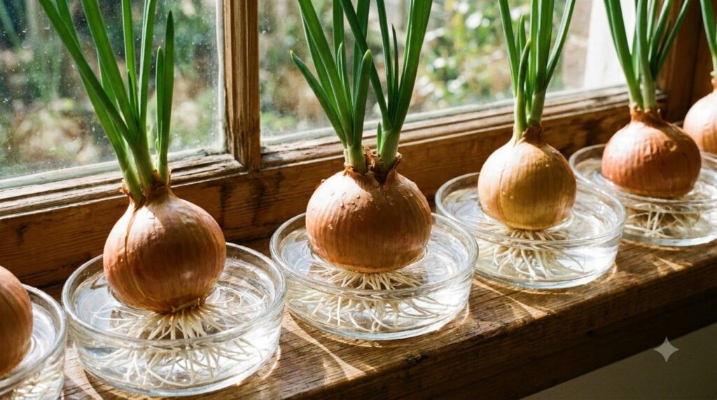 Onion scraps with visible roots and green shoots growing from the top placed in shallow dishes on a sunny windowsill