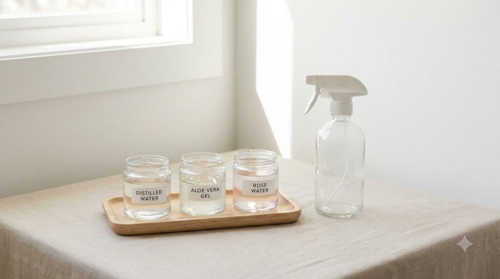Ingredients for DIY toner distilled water aloe vera gel and rose water in small containers beside a clean spray bottle