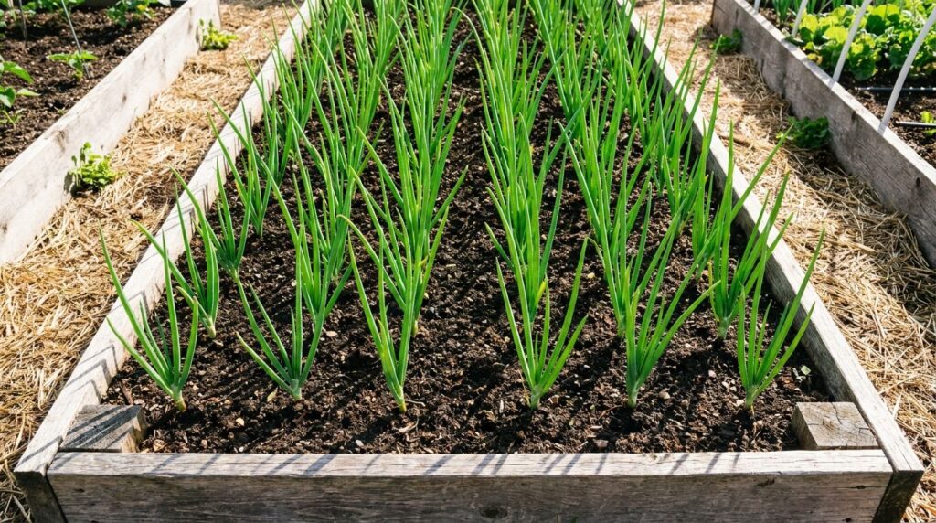 A garden bed with rows of young green onion plants thriving in rich soil under bright sunlight