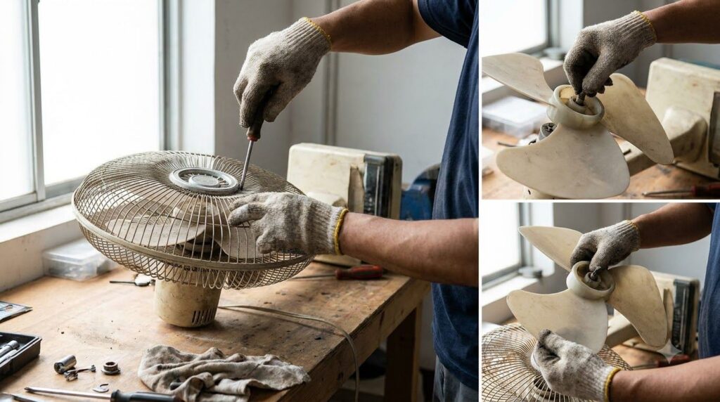 Hands carefully disassembling an electric fan showing the removal of the front grill and blades